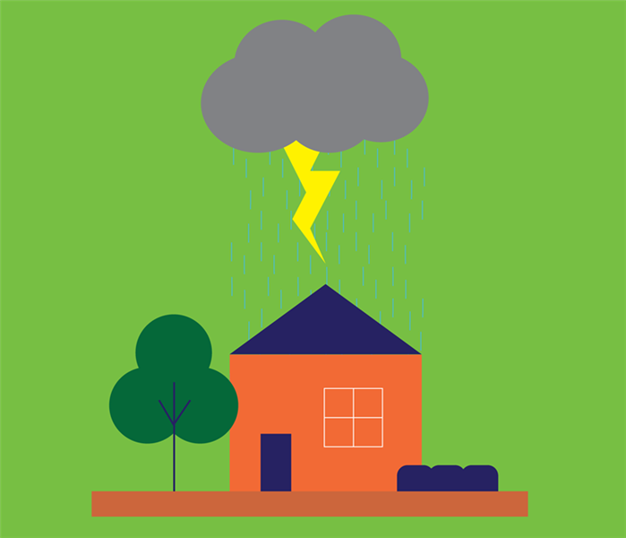 A graphic that depicts rain and lightning on a home