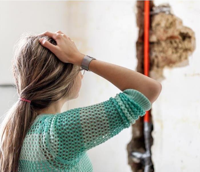 a person in distress looking at a wall where water damage has occurred